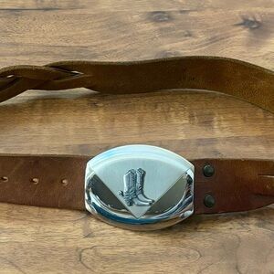 Vtg Braided Leather Belt with Silver Cowboy Boots Buckle, Hand Painted Floral